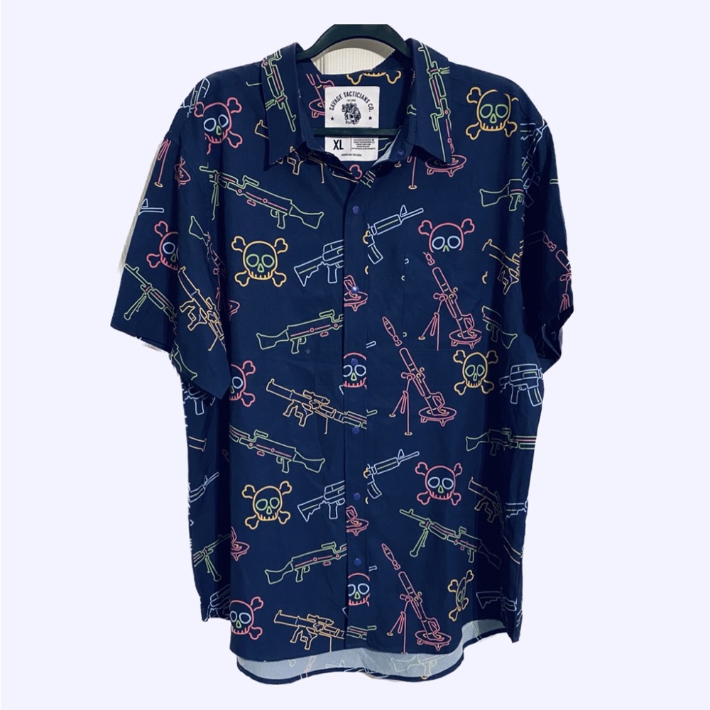 Savage Tacticians Neon Lights & Gun Fights Button Up Short Sleeve Shirt Size XL